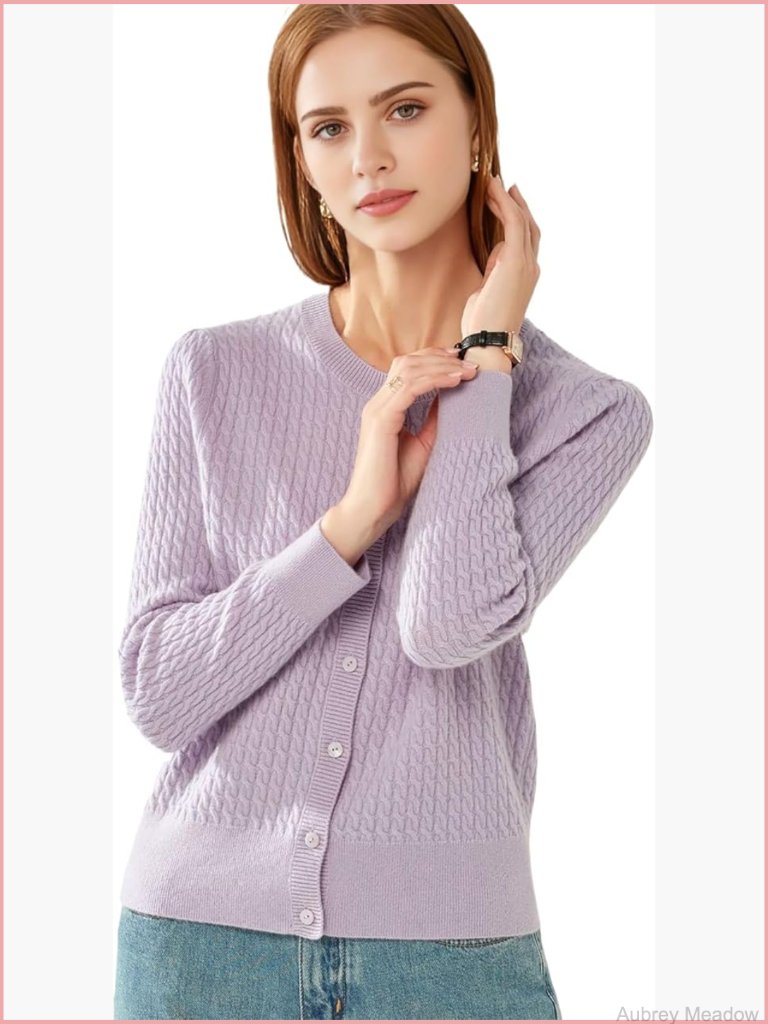100% Cashmere Cable Knit Cardigan Long Sleeve Crew Neck Button Down